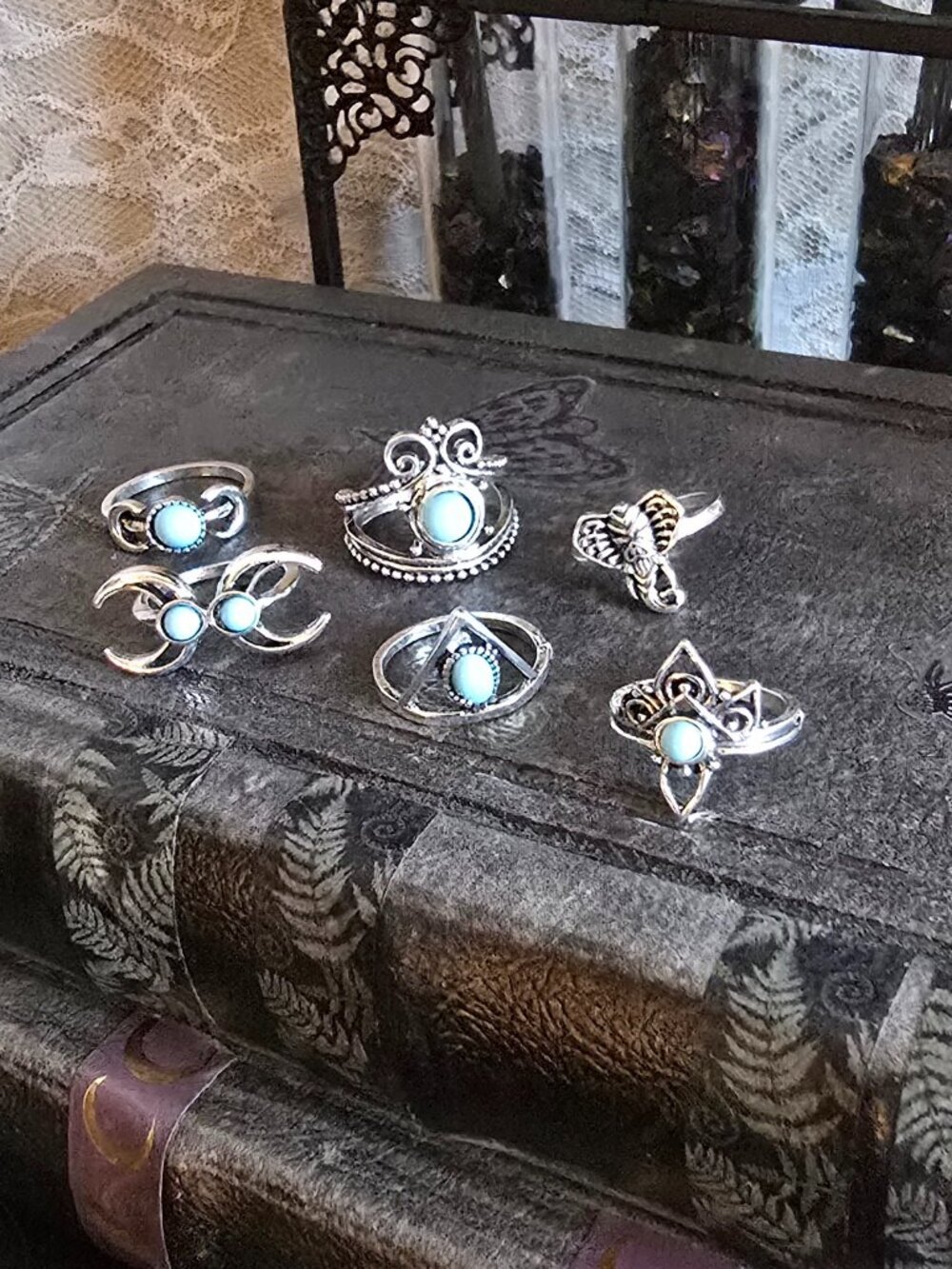 Faux Turquoise Knuckle Rings Set - Silver - Chunky - boho - western glam 6 piece